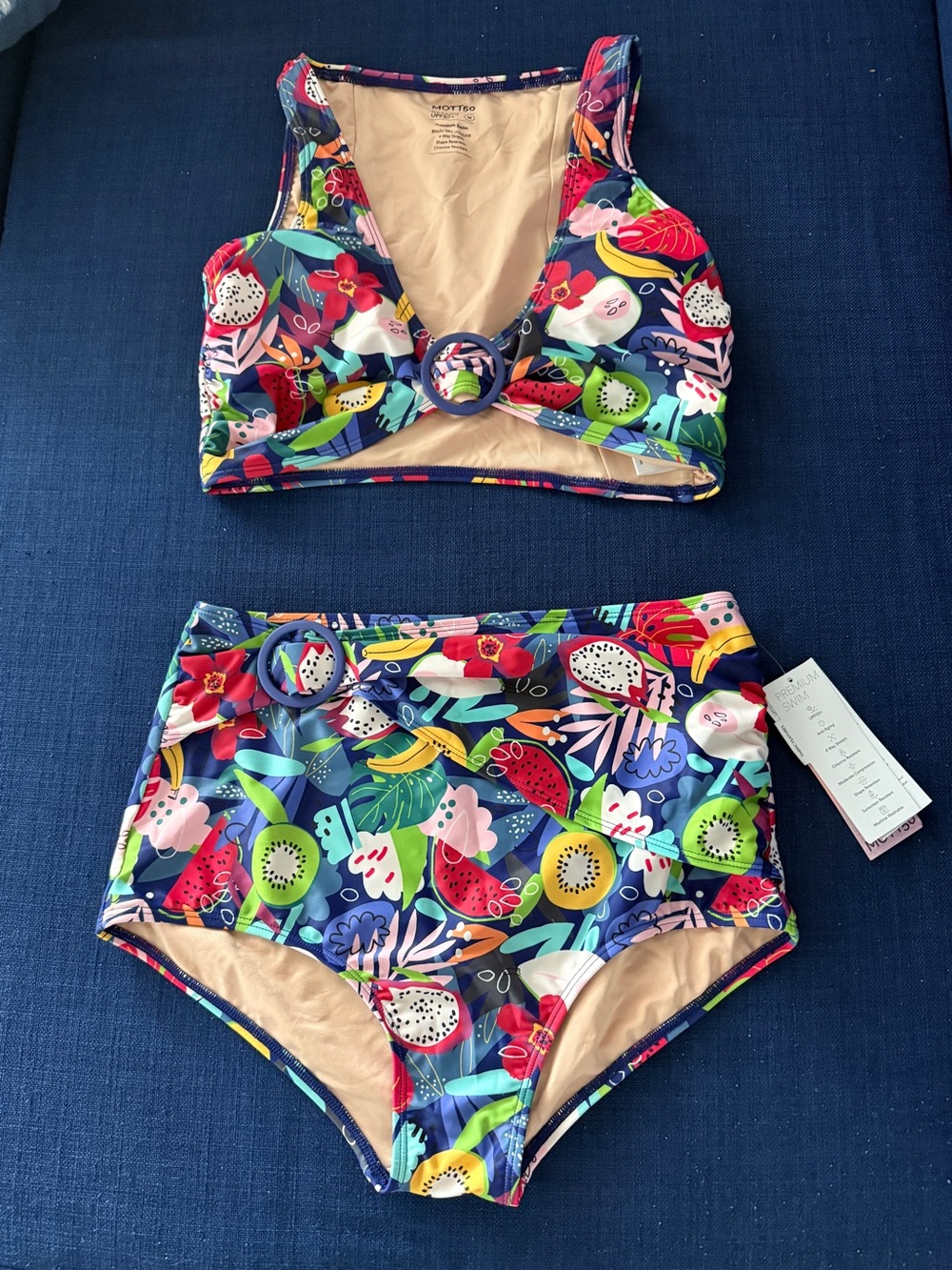 MOTT50 Navy Multicolor Tropical Fruit Two-Piece Bikini with Ring Detail